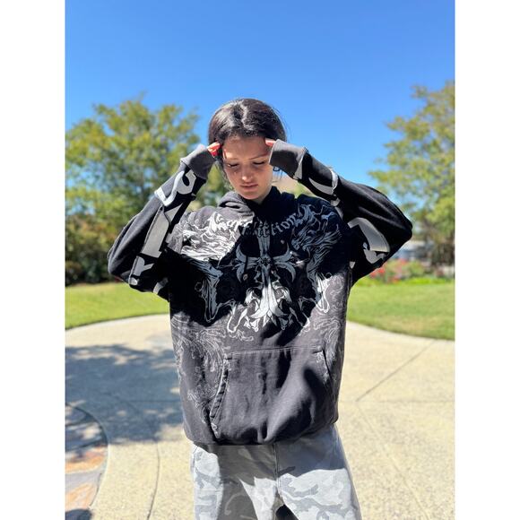 Affliction Jump Upcycled Black Hoodie Size S-M | SAME DAY SHIP | NEXT DAY SHIP - Picture 2 of 13